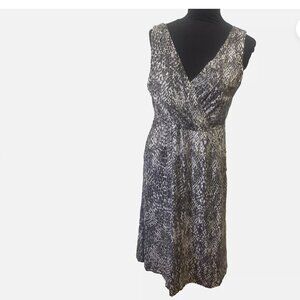 Garnet Hill Sundress L Black Gray Pockets Sleeveless V Neck Feminine Stretch